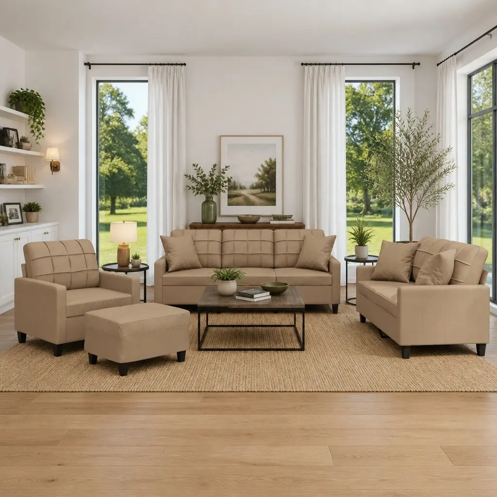 4 Piece Brown Faux Leather Living Room Sofa Set with Pillows and Footstool