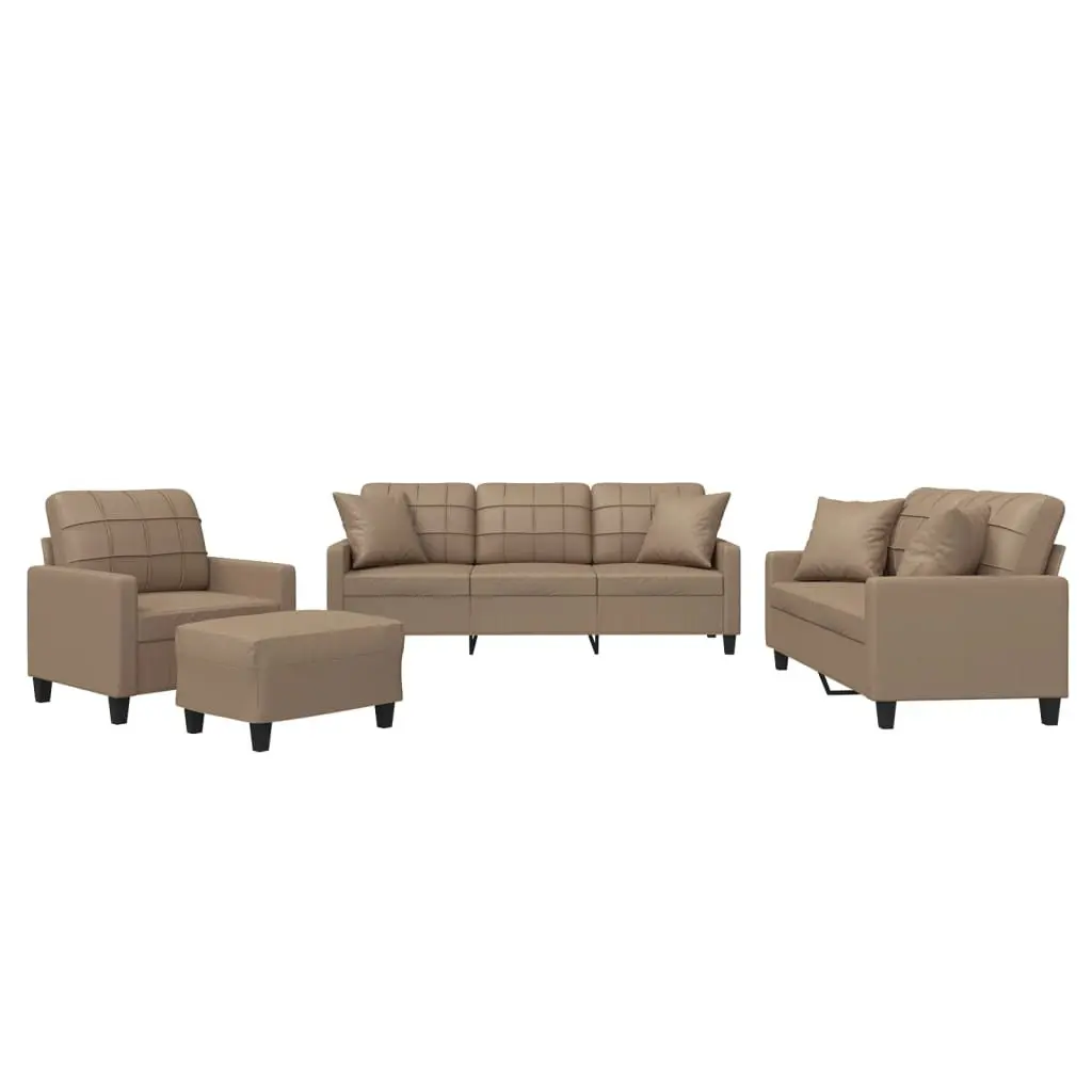 4 Piece Brown Faux Leather Living Room Sofa Set with Pillows and Footstool