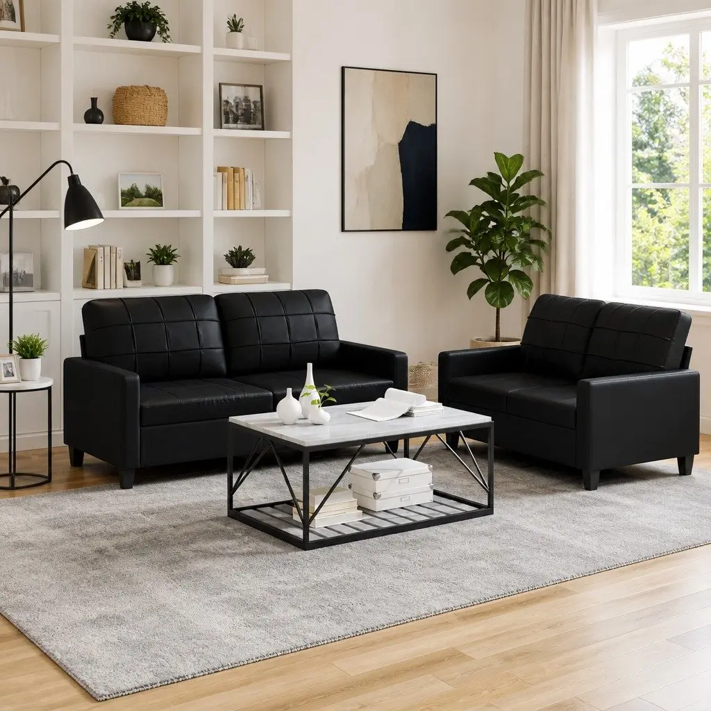 Sofa Set Faux Leather 2 Piece Black Living Room Seating