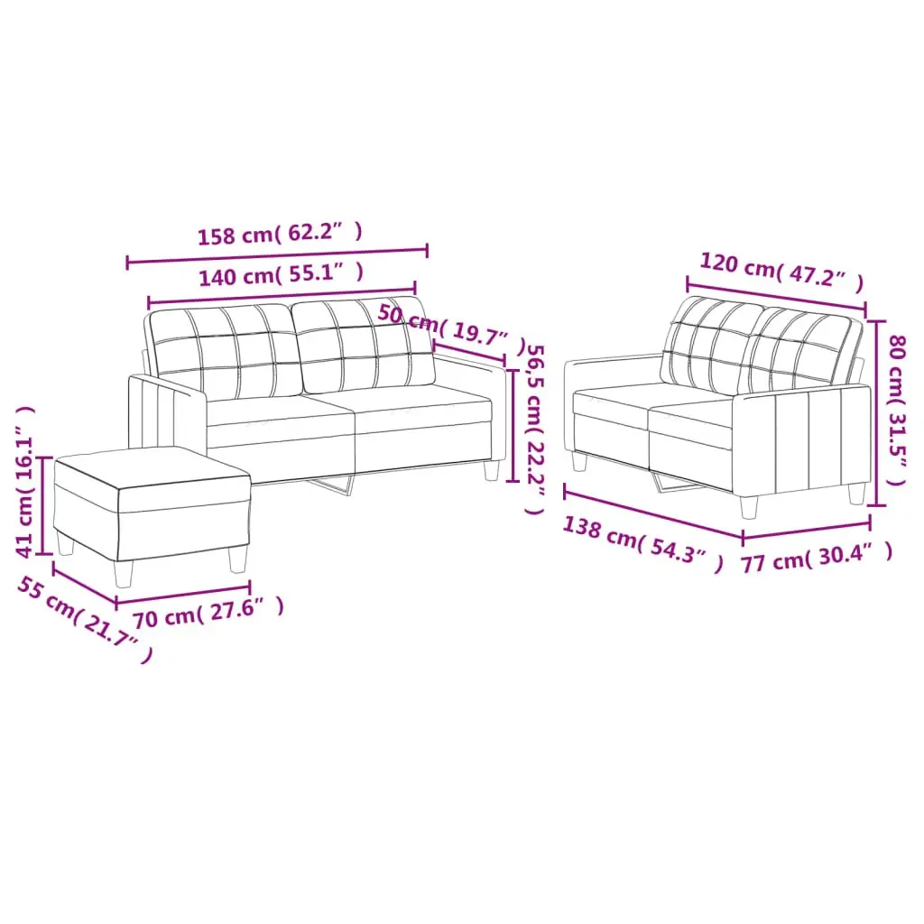 3 Piece Sofa Set Faux Leather Grey Compact Lounge Suite with Footstool and Cushions