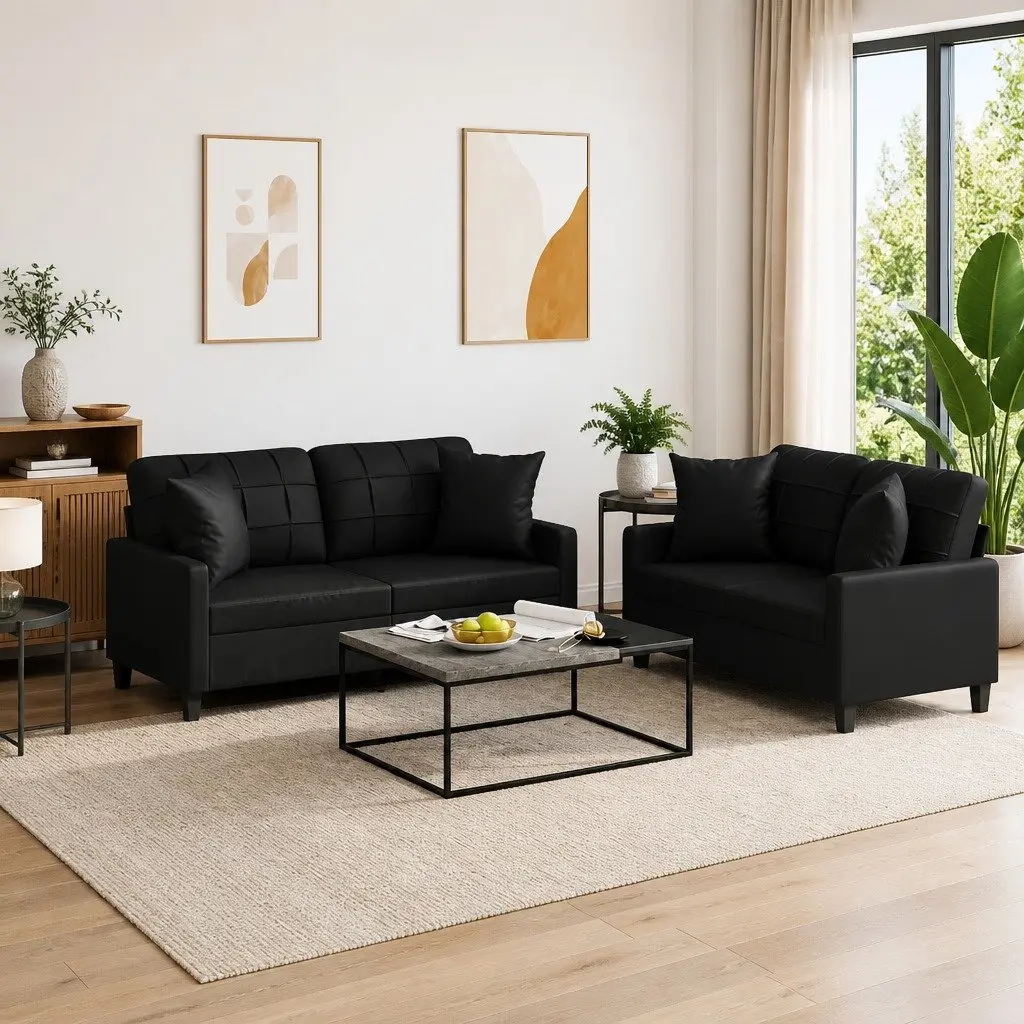 Sofa Set Faux Leather Black 2 Piece Lounge Couch with Throw Pillows
