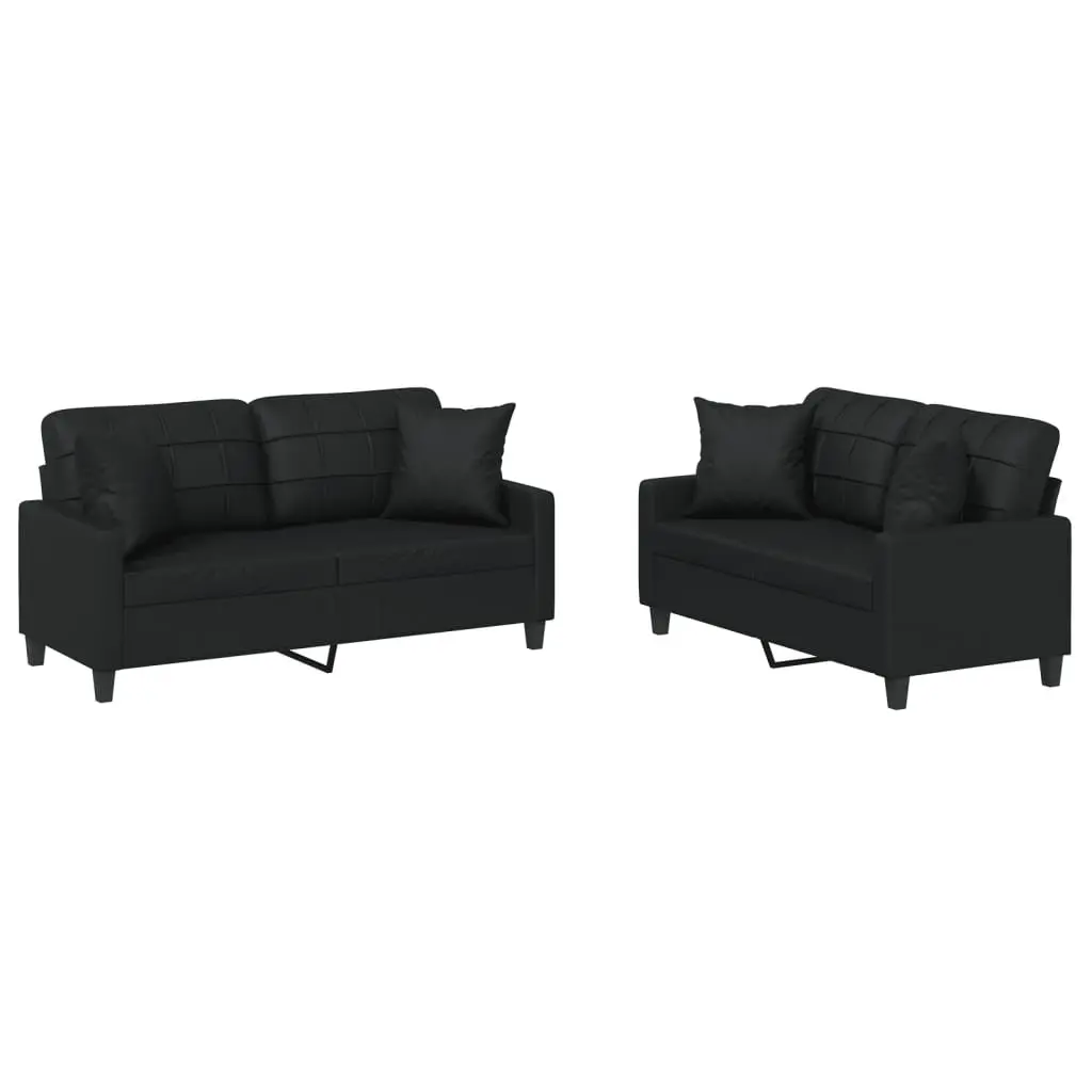 Sofa Set Faux Leather Black 2 Piece Lounge Couch with Throw Pillows