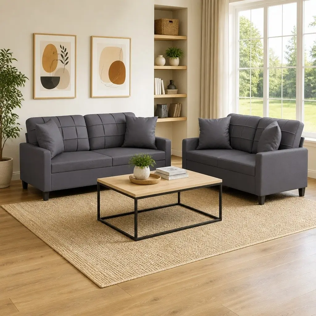 2 Piece Sofa Set Grey Faux Leather Couch