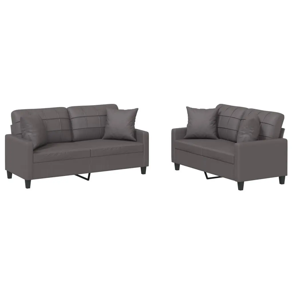 2 Piece Sofa Set Grey Faux Leather Couch