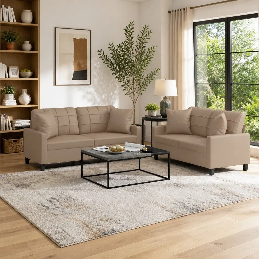 2 Piece Sofa Set Brown Faux Leather Lounge Couch with Throw Pillows