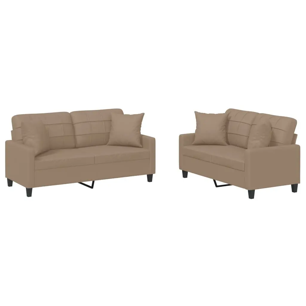 2 Piece Sofa Set Brown Faux Leather Lounge Couch with Throw Pillows