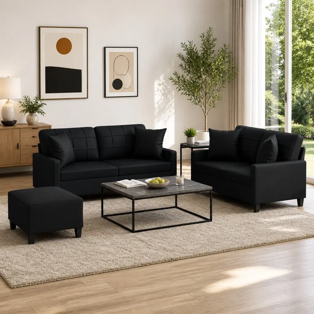 3 Piece Sofa Set Faux Leather Black Compact Couch with Throw Pillows and Footstool