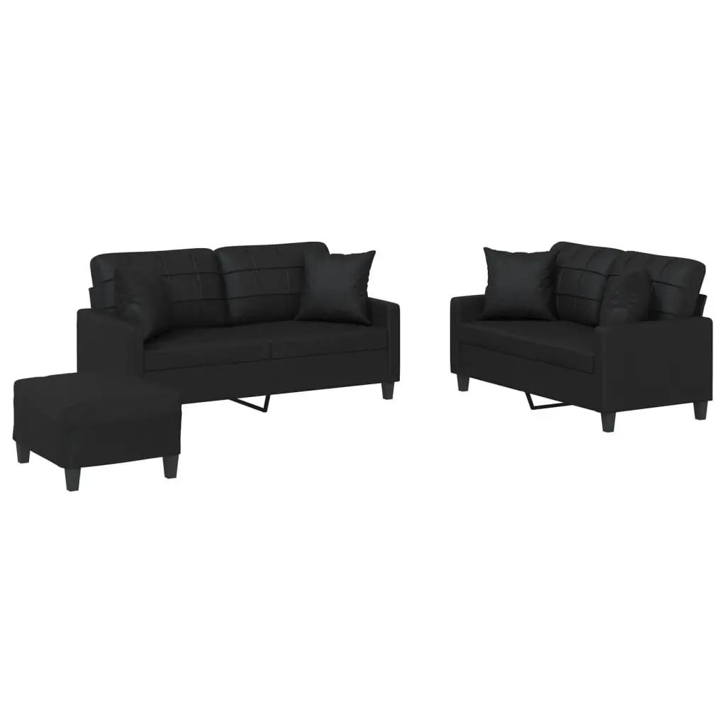 3 Piece Sofa Set Faux Leather Black Compact Couch with Throw Pillows and Footstool