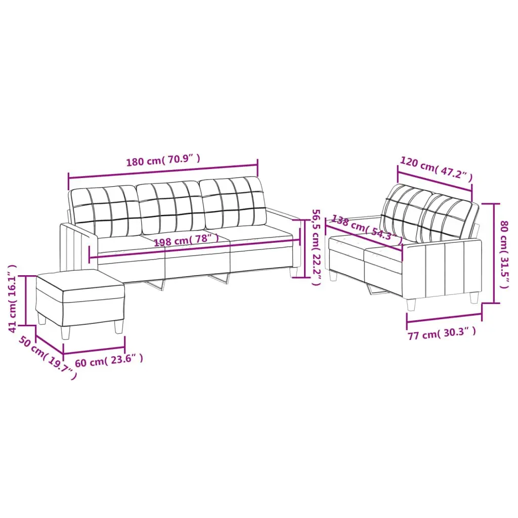 3 Piece Compact Sofa Set Black Faux Leather with Footstool and Cushions