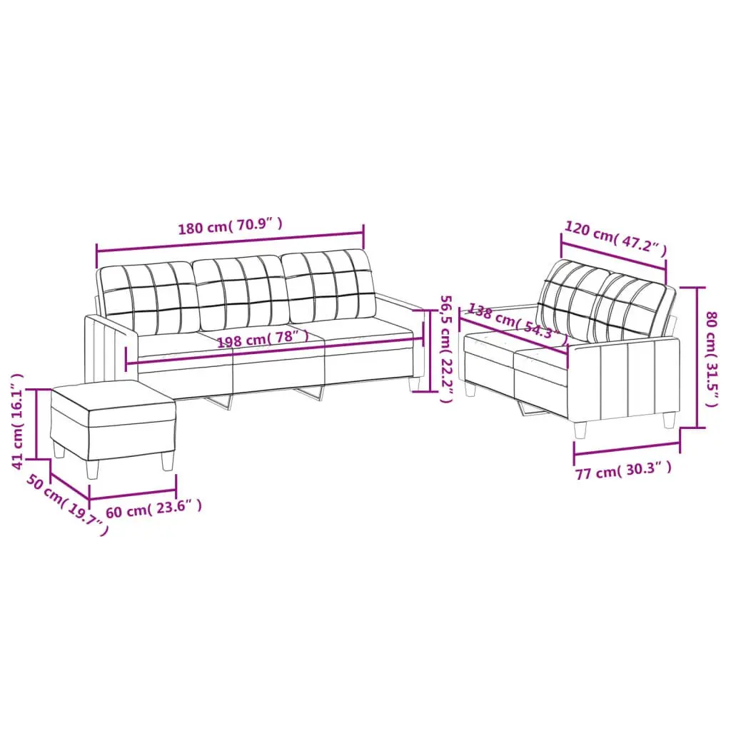 3 Piece Sofa Set Faux Leather Cream Living Room Furniture