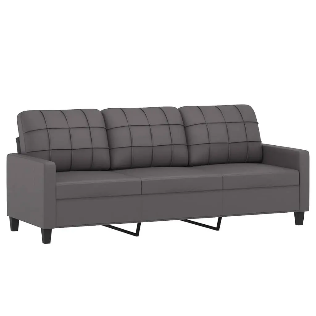 3 Piece Grey Compact Sofa Set Faux Leather Armchair with Cushions and Footstool for Living Room