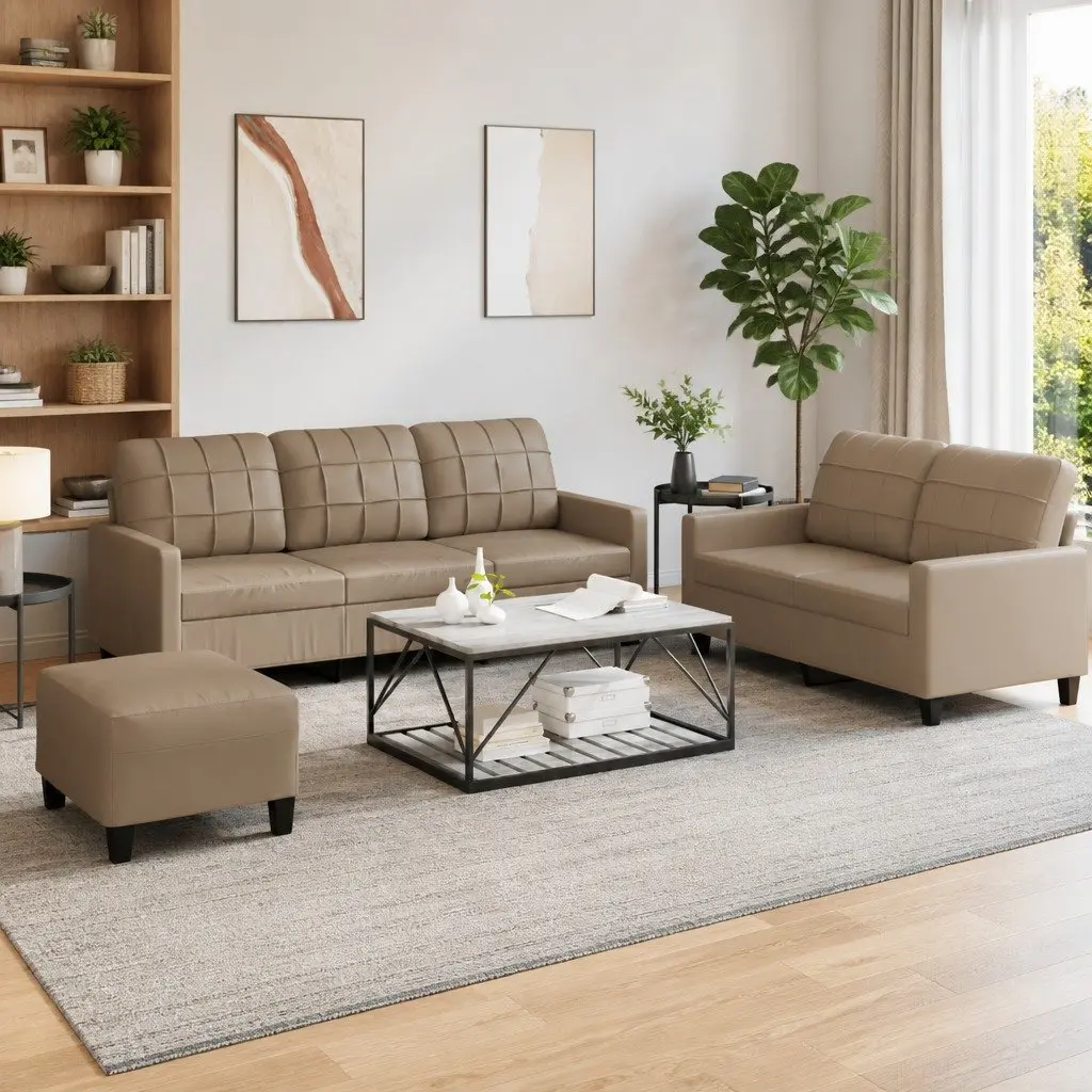 3 Piece Compact Sofa Set Brown Faux Leather Plywood Metal Frame with Footstool and Cushions