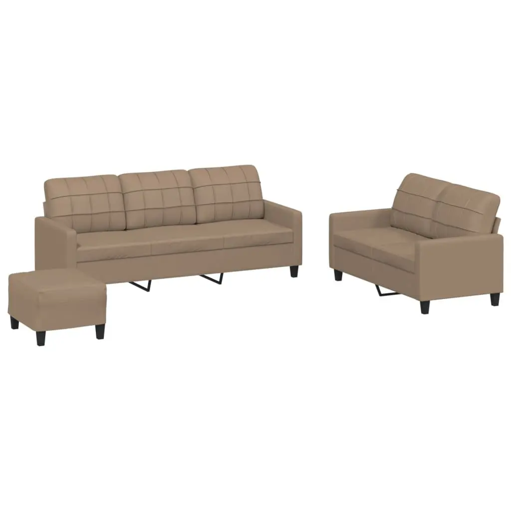 3 Piece Compact Sofa Set Brown Faux Leather Plywood Metal Frame with Footstool and Cushions