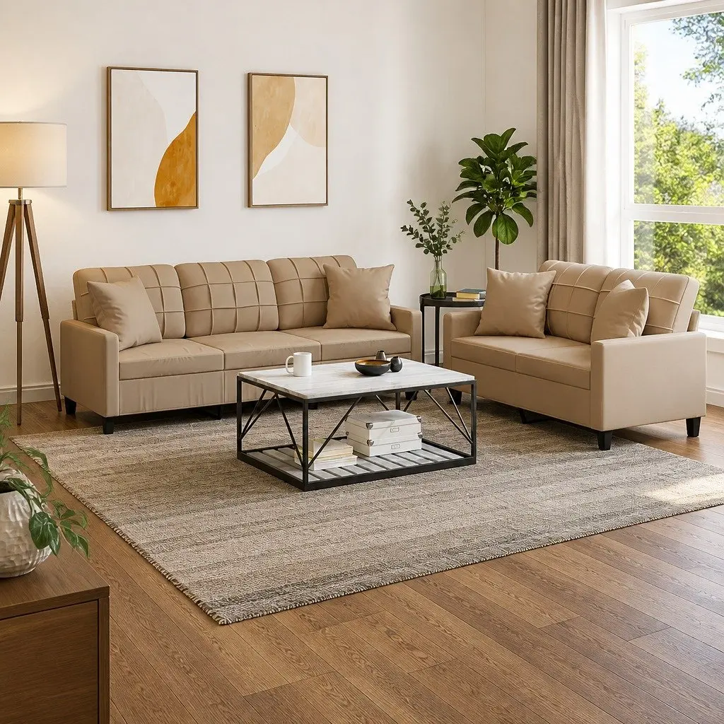 Brown Faux Leather Lounge Couch 2 Piece Sofa Set with Thickly Padded Seat and Square Throw Pillows