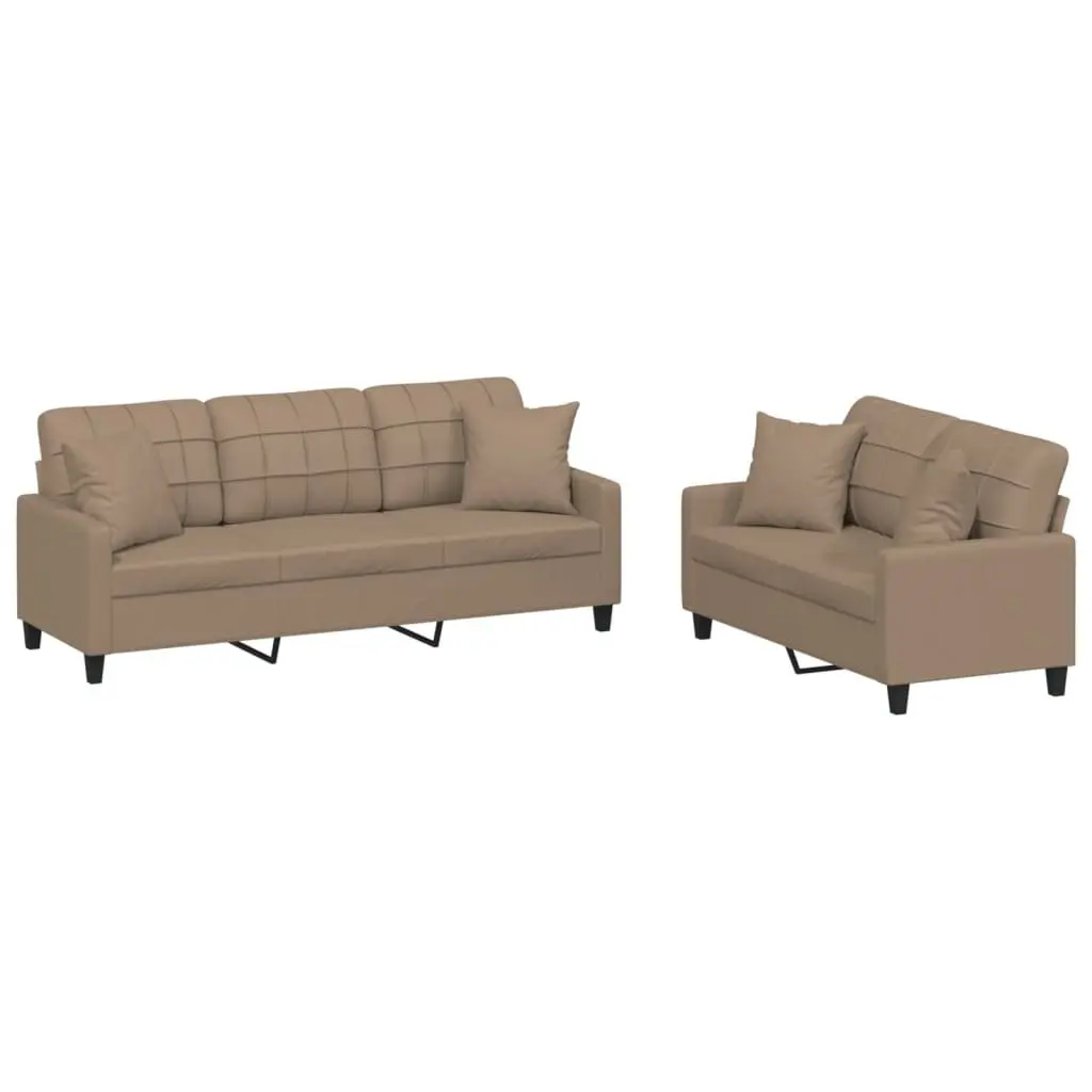Brown Faux Leather Lounge Couch 2 Piece Sofa Set with Thickly Padded Seat and Square Throw Pillows