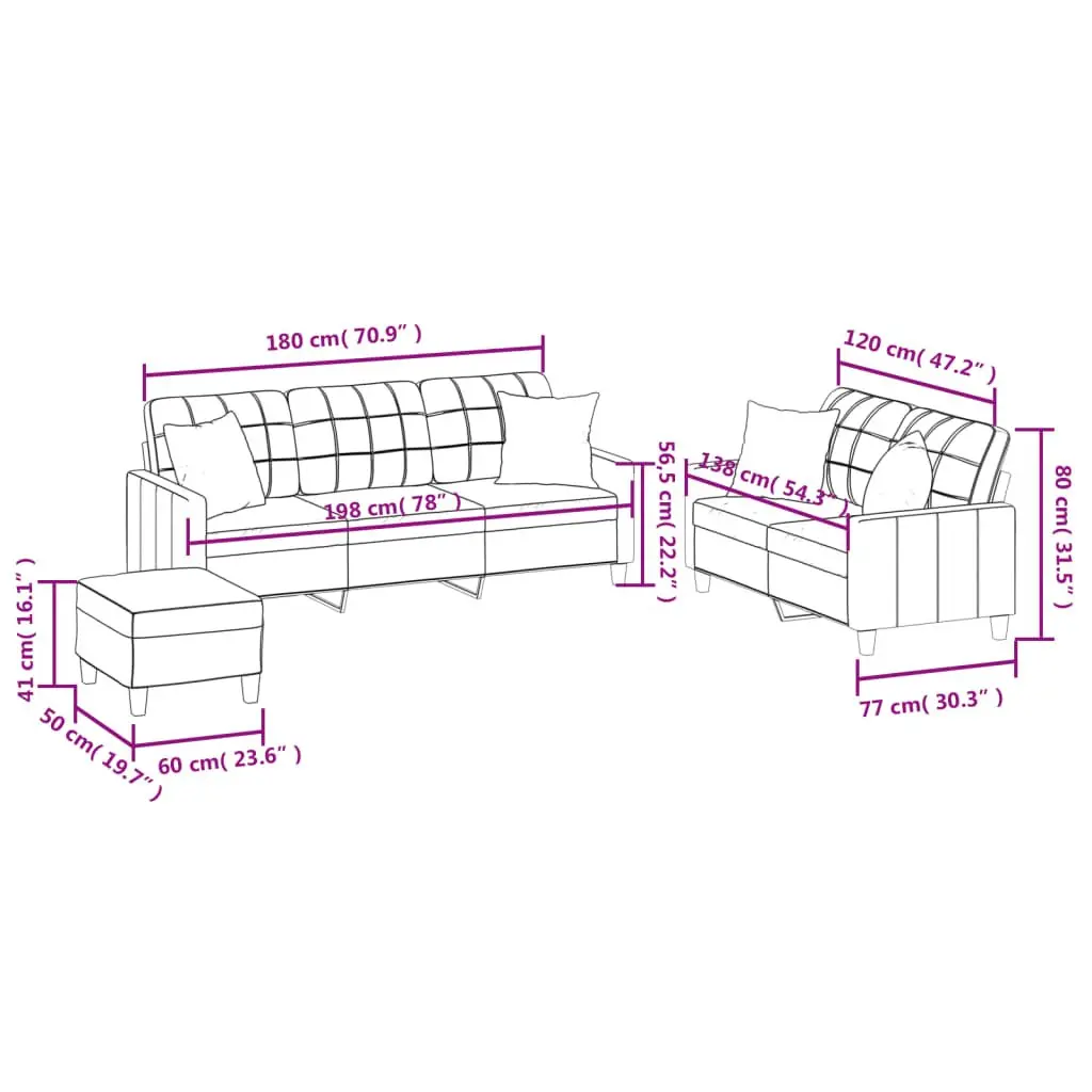 3 Piece Sofa Set Black Faux Leather Couch Living Room Furniture with Pillows