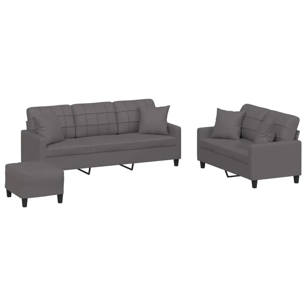 3 Piece Sofa Set Faux Leather Grey Couch with Pillows and Footstool