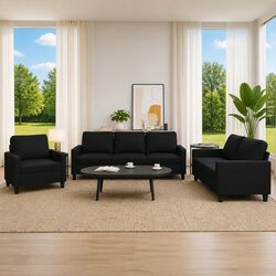 3 Piece Sofa Set Black Faux Leather Living Room Furniture Sectional Couch Suite