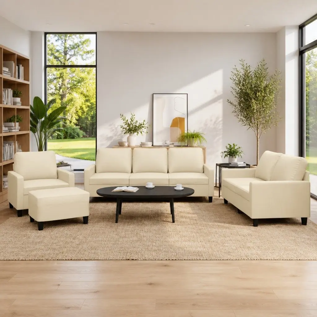 4 Piece Sofa Set with Cushions Cream Faux Leather Living Room Furniture Lounge