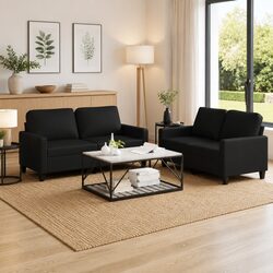 2 Piece Sofa Set Black Faux Leather Living Room Furniture Modern Design