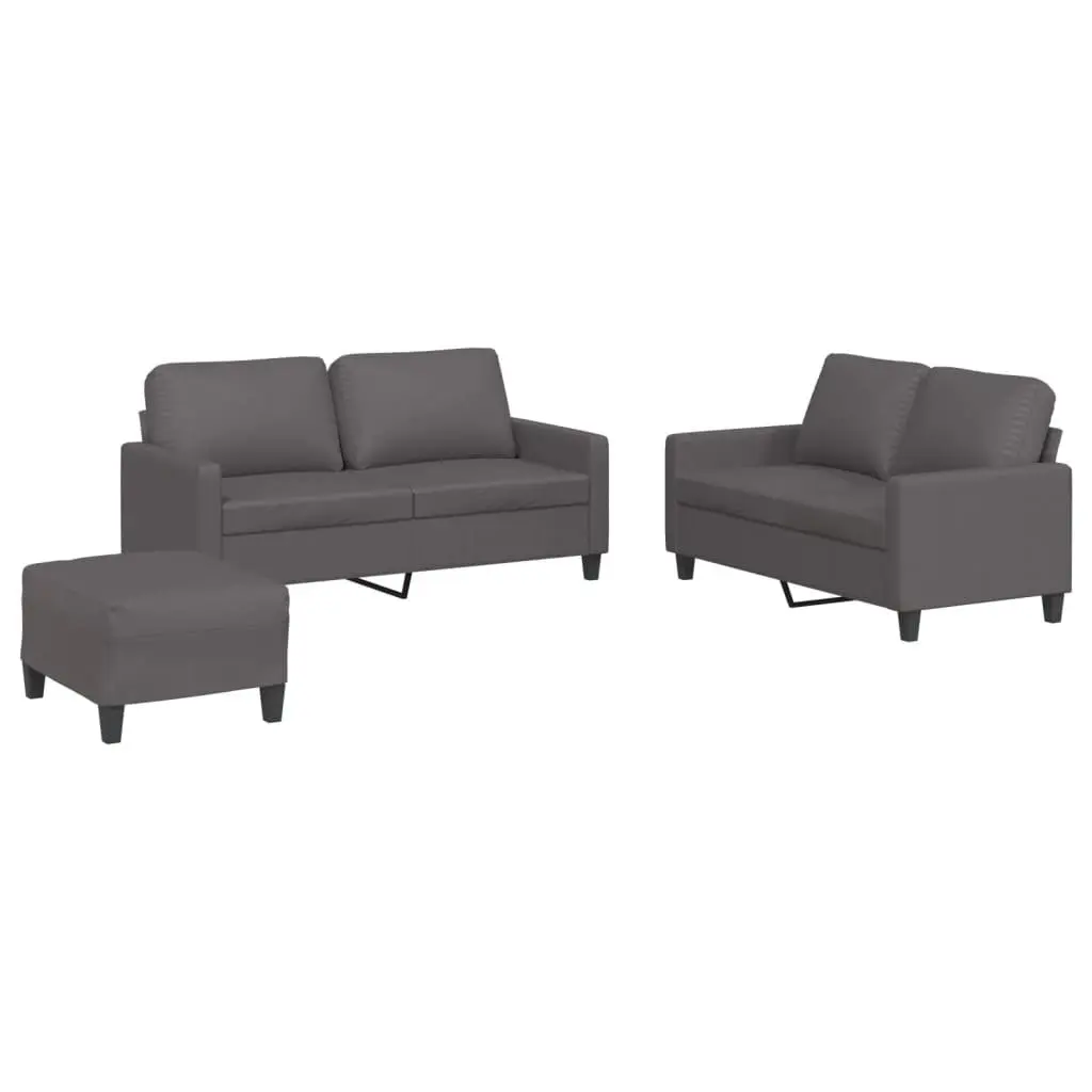 3 Piece Faux Leather Sofa Set Grey with Footstool