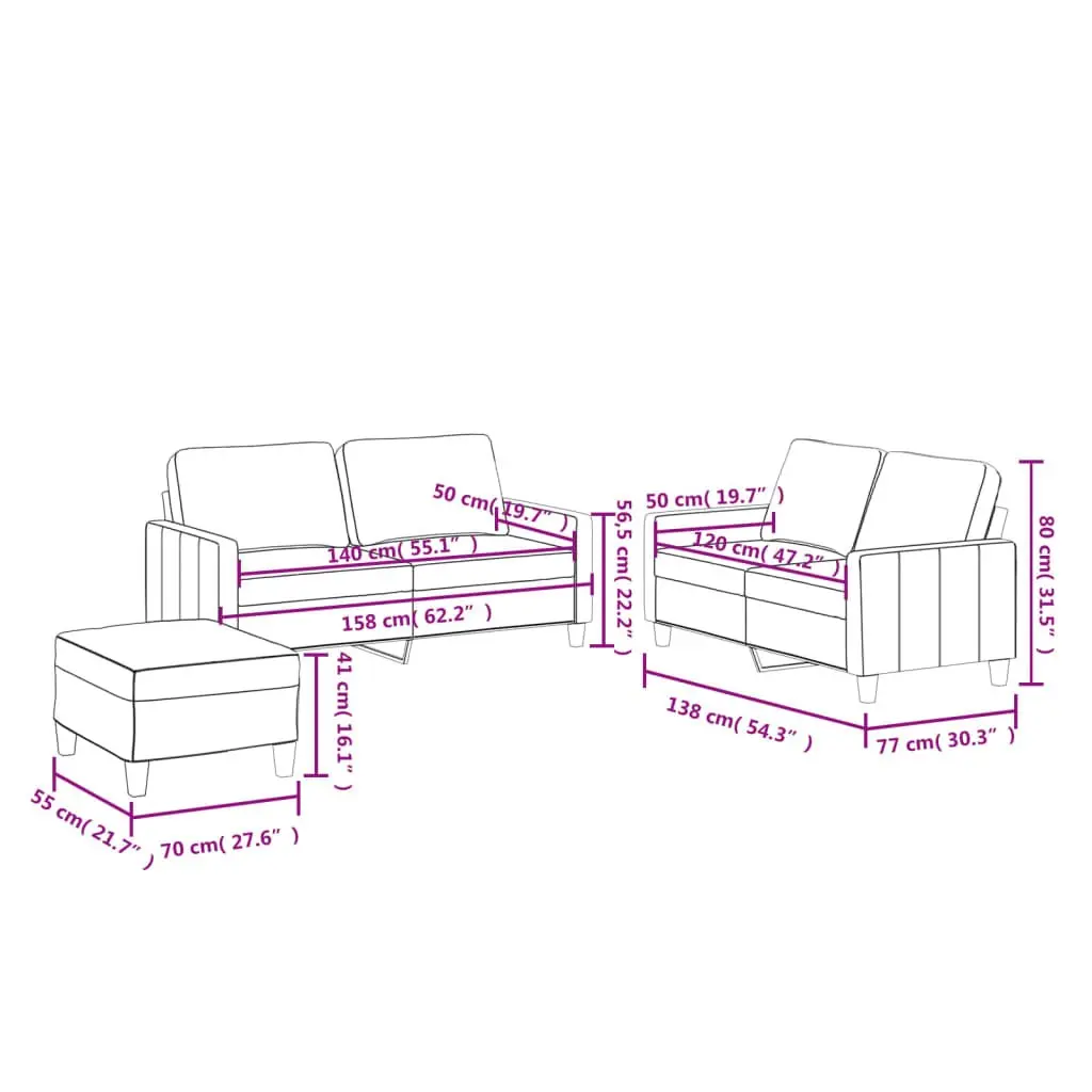 3 Piece Faux Leather Sofa Set Grey with Footstool