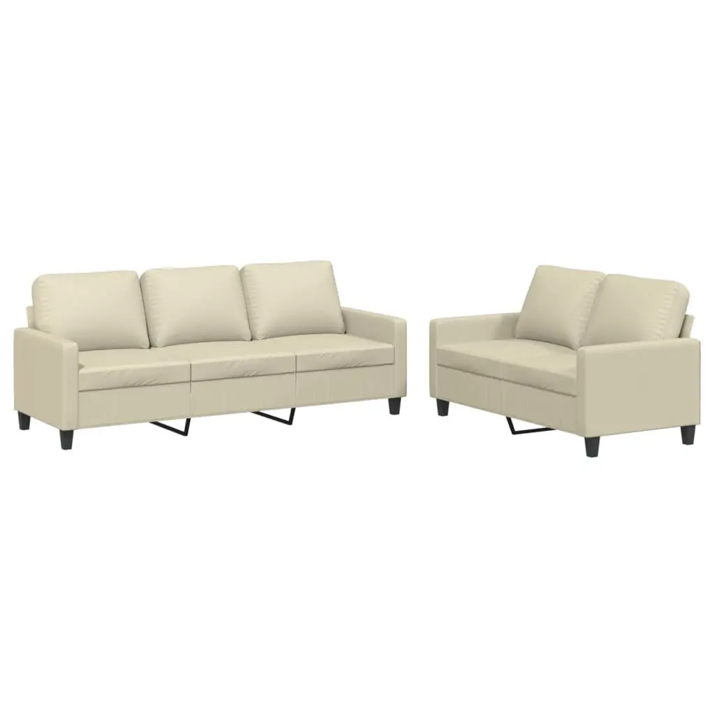 2 Piece Cream Faux Leather Sofa Set with Cushions Modern Living Room Furniture