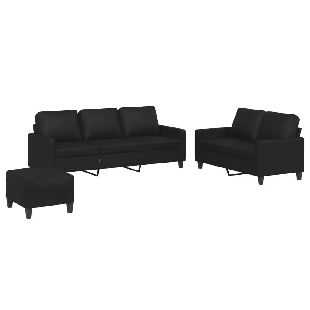 3 Piece Sofa Set Faux Leather Black with Footstool