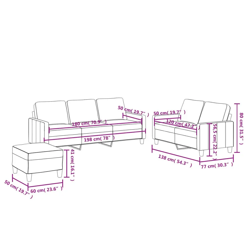 3 Piece Sofa Set with Footstool Cream Faux Leather Living Room Furniture Seating