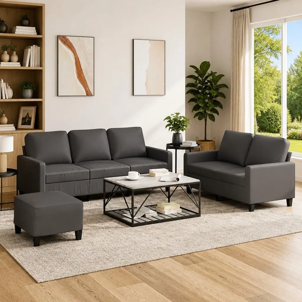 3 Piece Sofa Set Faux Leather Grey with Cushions