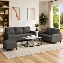 Practical Grey Faux Leather Sofa Set with Footstool