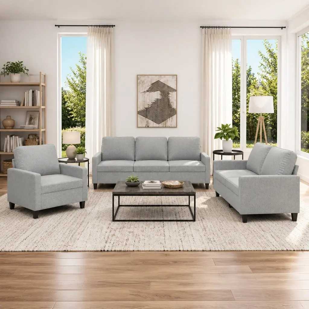 3 Piece Sofa Set Grey Fabric Plywood and Metal Living Room Furniture Couch
