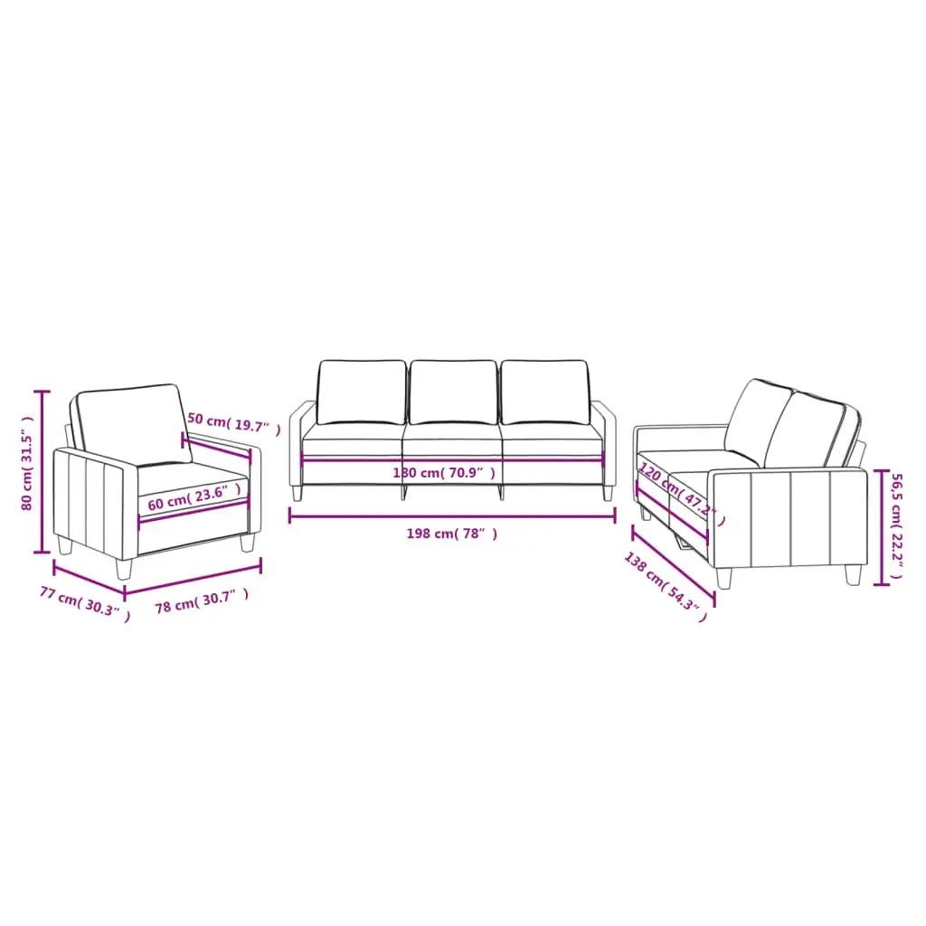 3 Piece Sofa Set Grey Fabric Plywood and Metal Living Room Furniture Couch