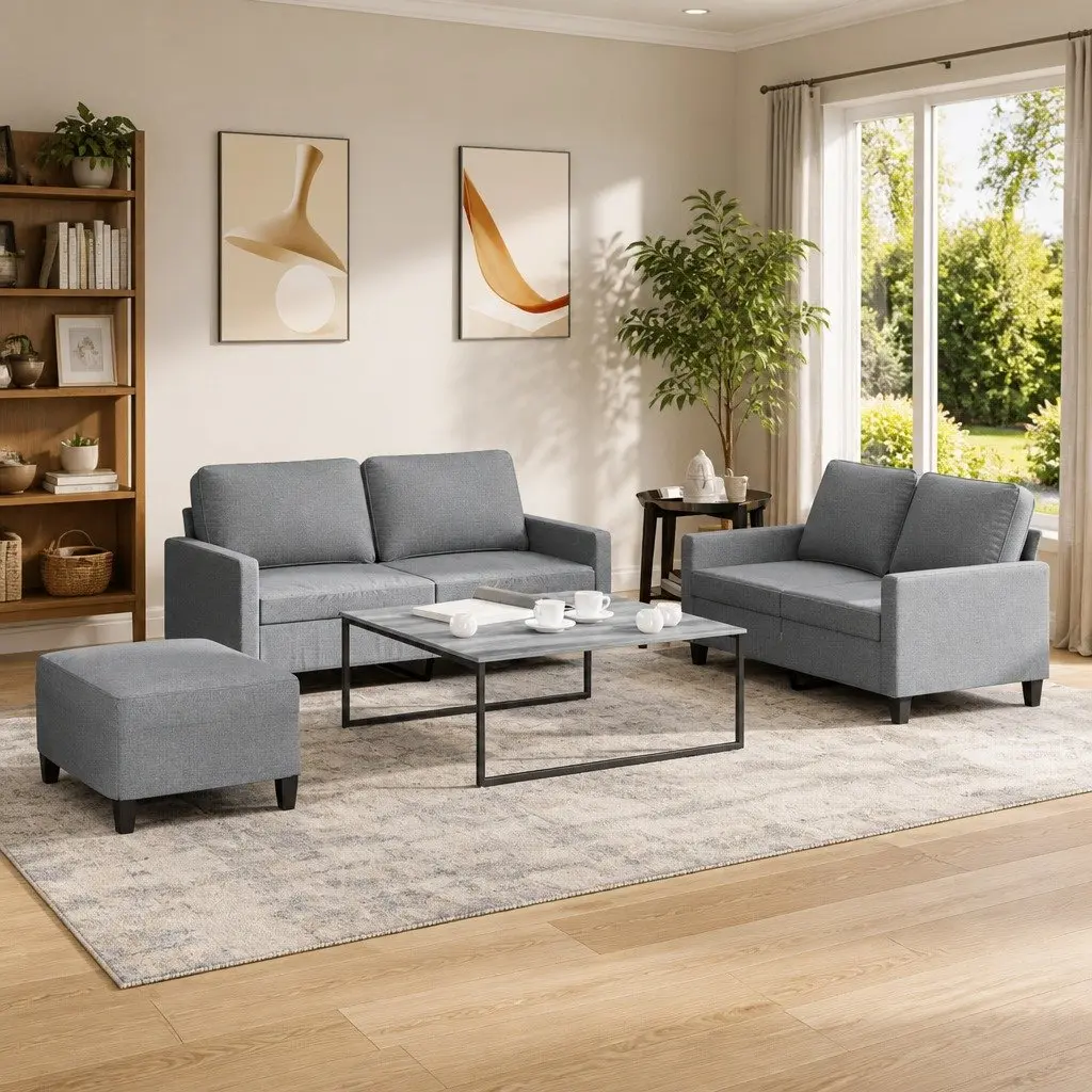 3 Piece Sofa Set with Footstool Grey Fabric Living Room Lounge Suite Cushions