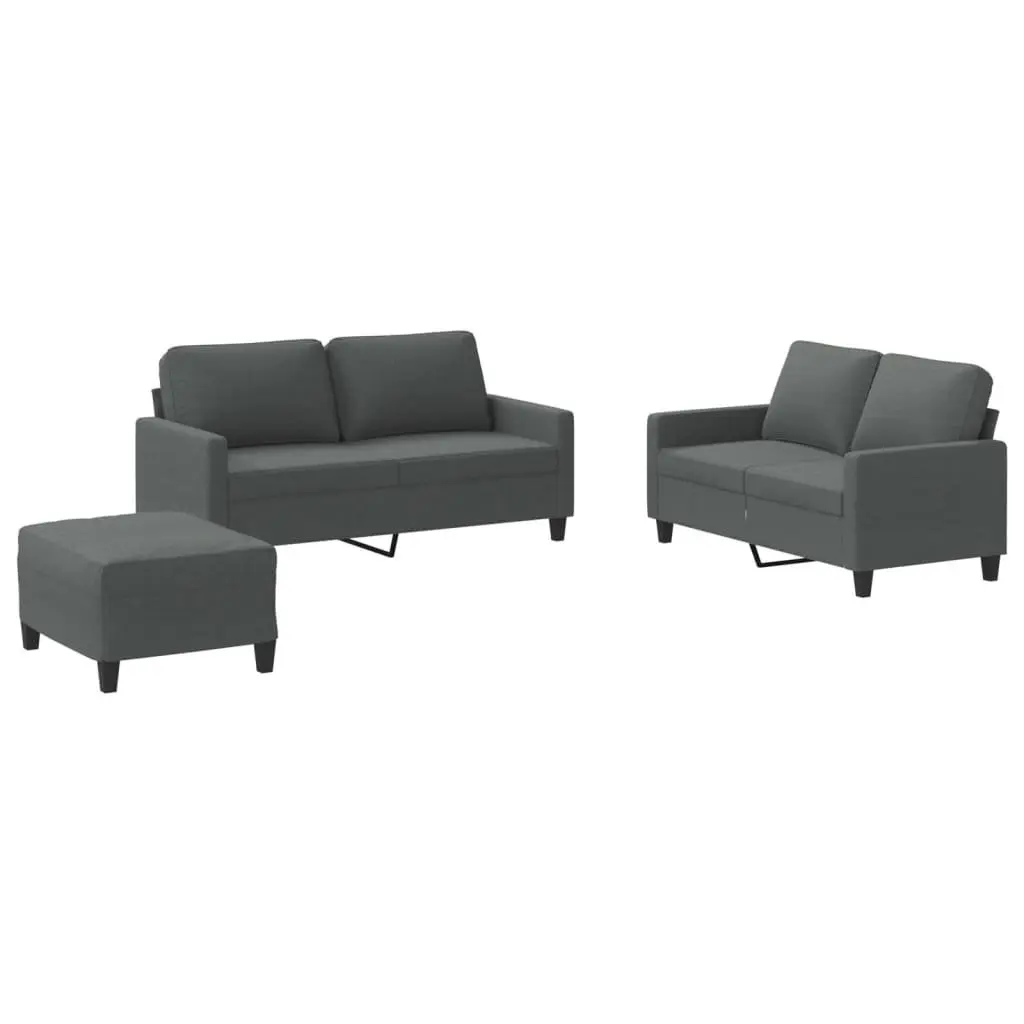 3 Piece Grey Fabric Sofa Set with Cushions and Footstool Living Room Furniture