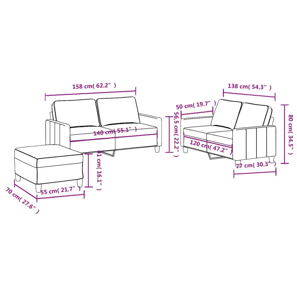 3 Piece Grey Fabric Sofa Set with Cushions and Footstool Living Room Furniture