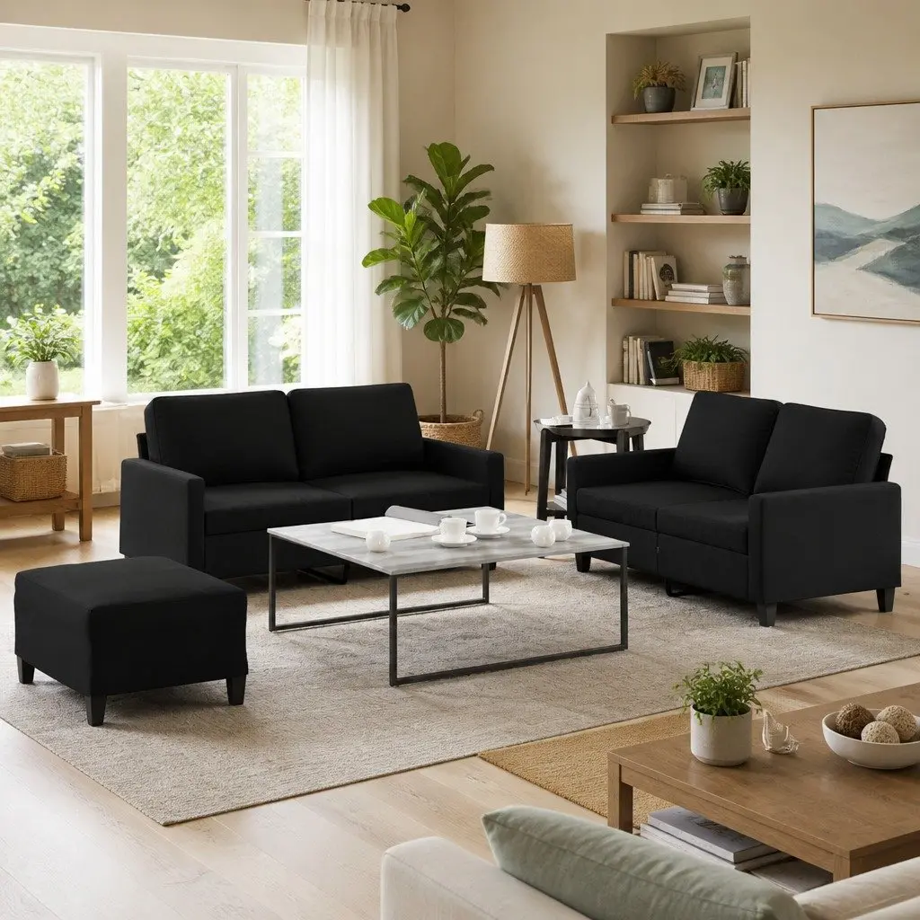 3PieceLivingRoomSofaSetBlackFabricCompactDesignWithCushionsandFootstool