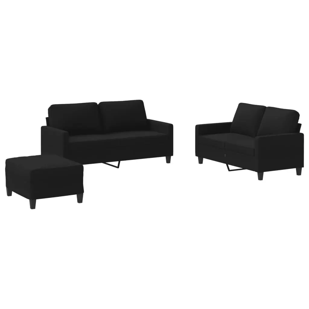 3PieceLivingRoomSofaSetBlackFabricCompactDesignWithCushionsandFootstool