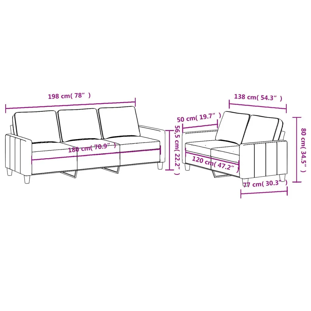 2 Piece Grey Fabric Sofa Set with Cushions for Living Room Seating