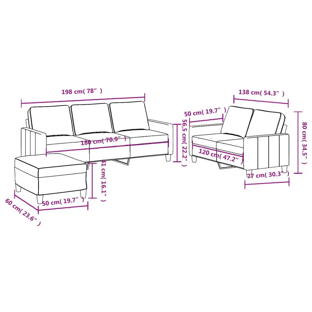 3 Piece Grey Sofa Set with Footstool