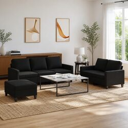 3 Piece Sofa Set with Cushions Black Fabric Lounge Couch Footstool Living Room