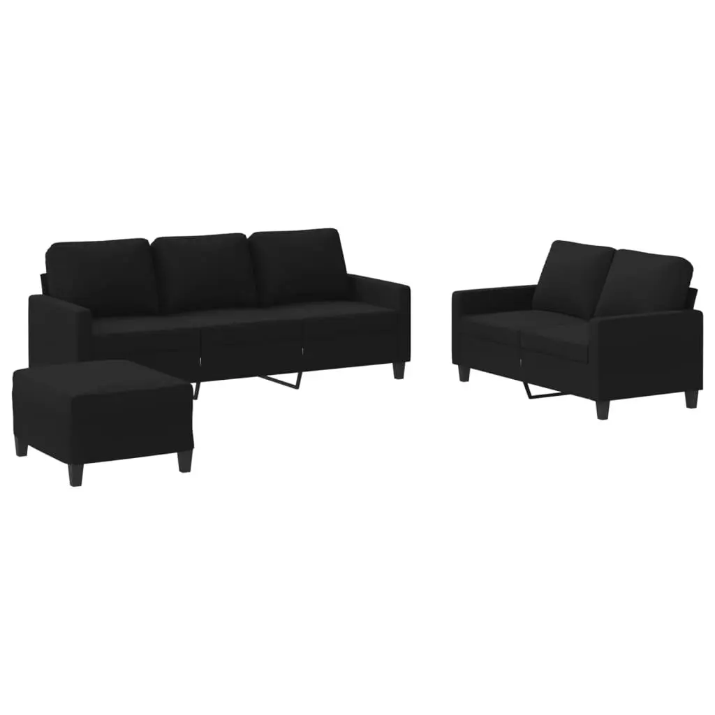 3 Piece Set Compact Lounge Couch Black Fabric Sofa Footstool with Cushions