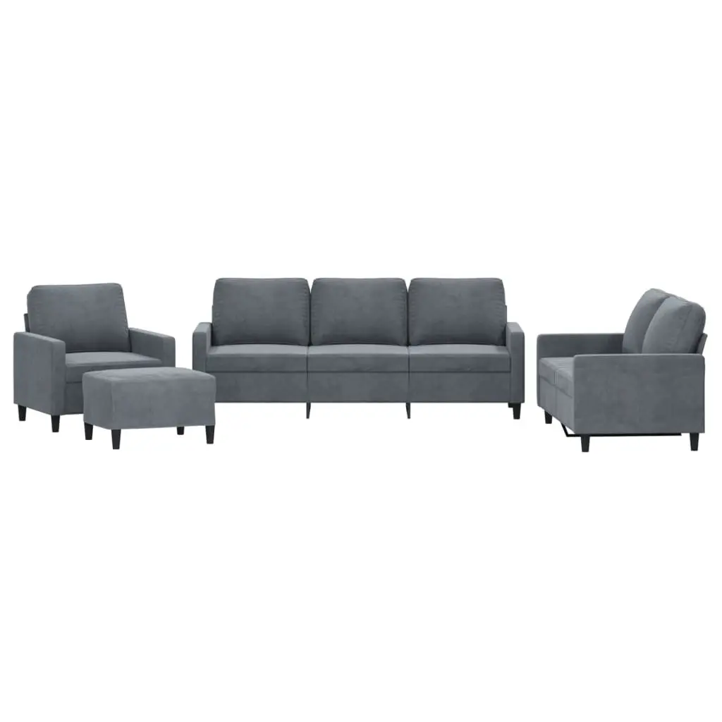 4 Piece Velvet Sofa Set in Grey with Footstool for Living Room Furniture