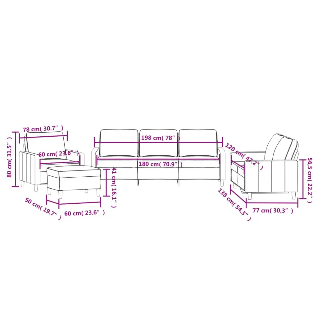 4 Piece Velvet Sofa Set in Grey with Footstool for Living Room Furniture