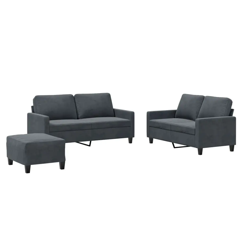 3 Piece Sofa Set Velvet Grey Couch with Cushions and Footstool