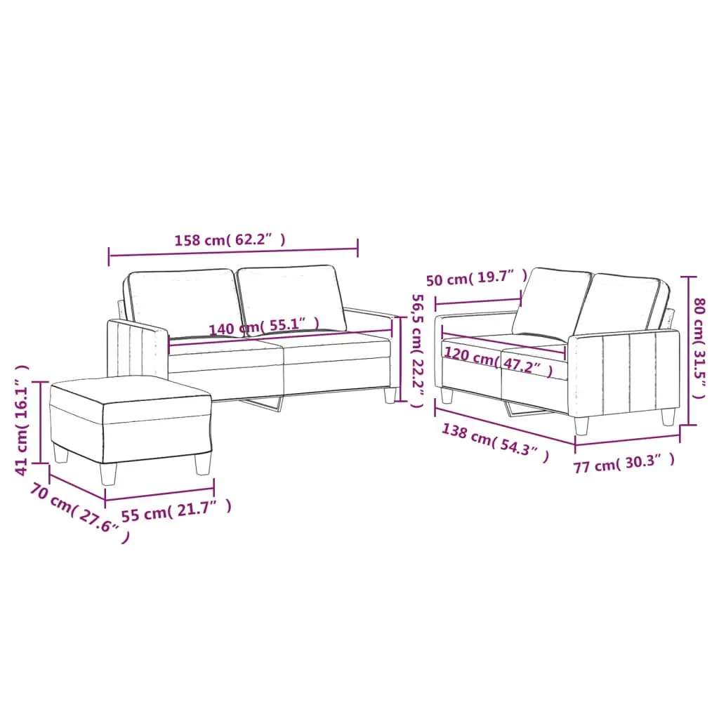 3 Piece Sofa Set Velvet Grey Couch with Cushions and Footstool