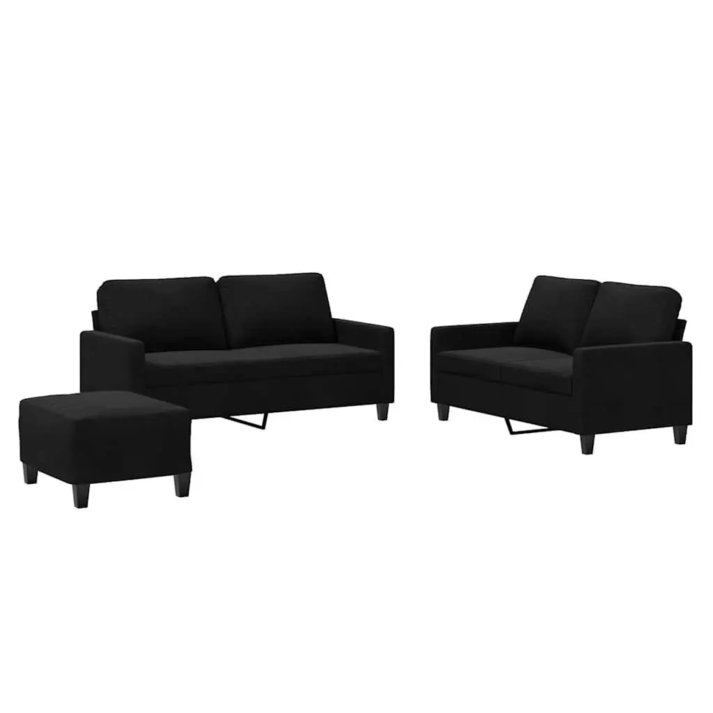 3 Piece Sofa Set with Cushions Ottoman Footstool Black Velvet Living Room