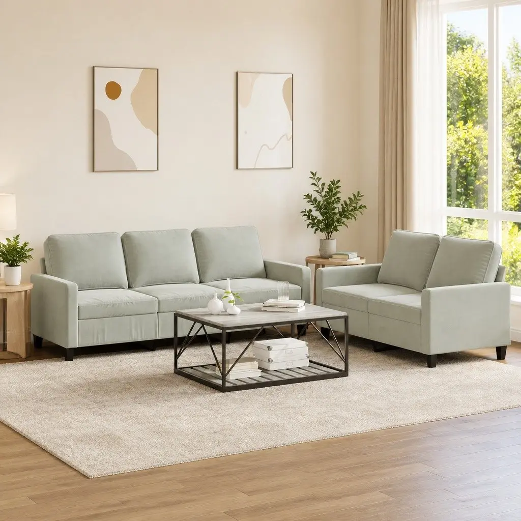 Sofa Set Velvet 2 Piece Grey Soft Cushioned Lounge Seating