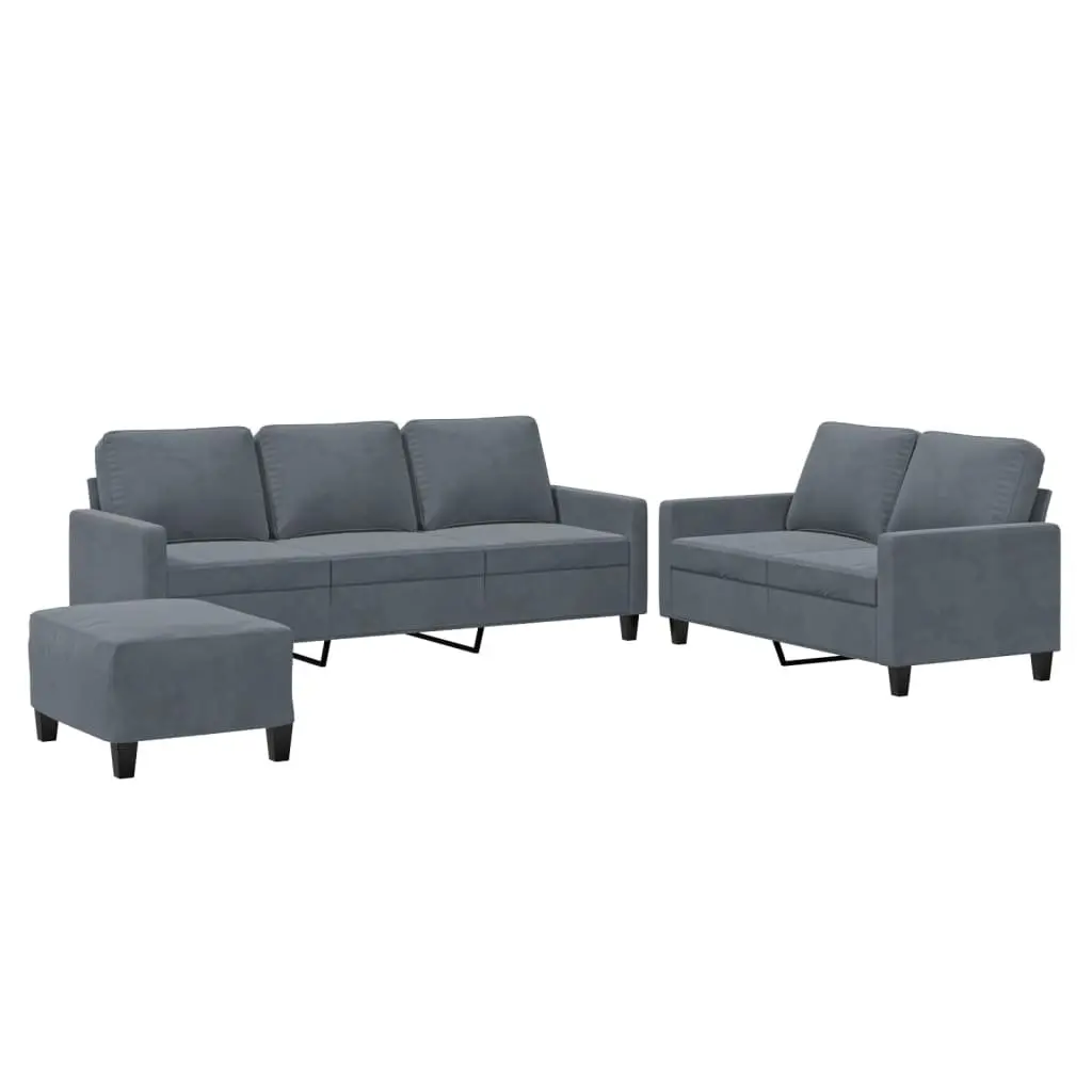 3 Piece Sofa Set with Footstool Grey Velvet Living Room Furniture Lounge Suite