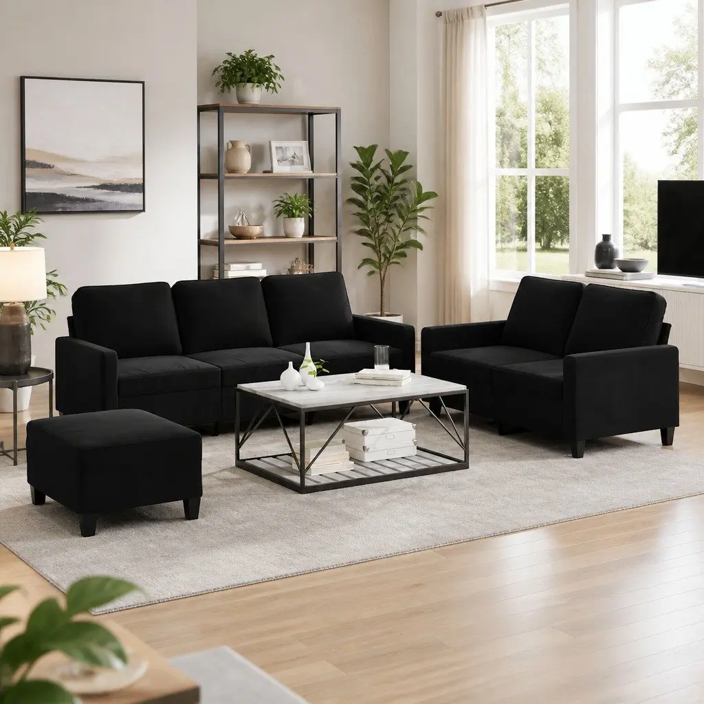 3 Piece Sofa Set Velvet Black Living Room Furniture